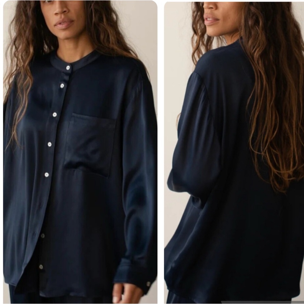 NWT DONNI Satiny Mandarin Collar Button Down Shirt In Navy Blue.